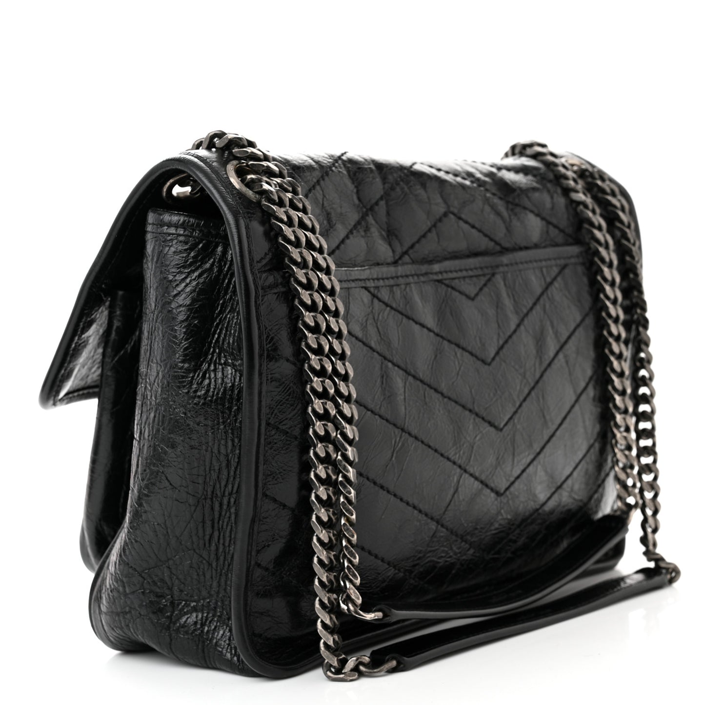 Crinkled Calfskin Matelasse Monogram Medium Niki Chain Satchel Black