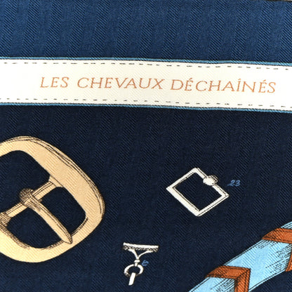 Hermes Cashmere Silk Chevaux Dechaines Shawl 140 Marine Fonce White Noisette 5 of 6