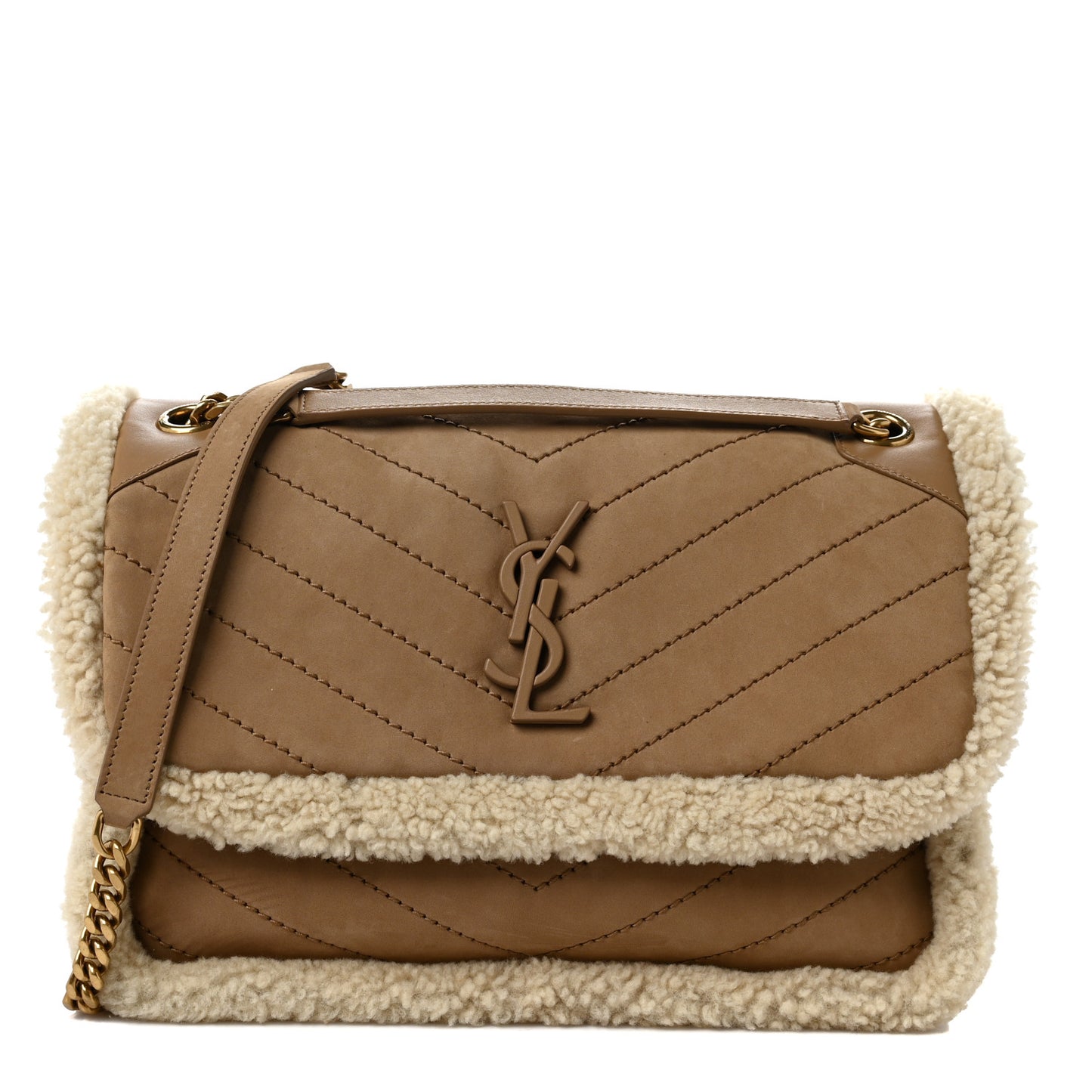 Nubuck Shearling Monogram Medium Niki Chain Satchel Ivory Natural Tan
