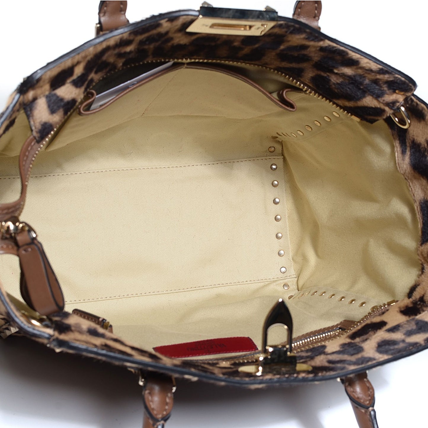 Calf Hair Leopard Print Rockstud Double Handle Tote Leopard