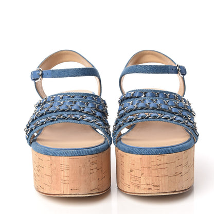 Chanel Denim Cork Chain Wedge Sandals 37 Blue 2 of 13