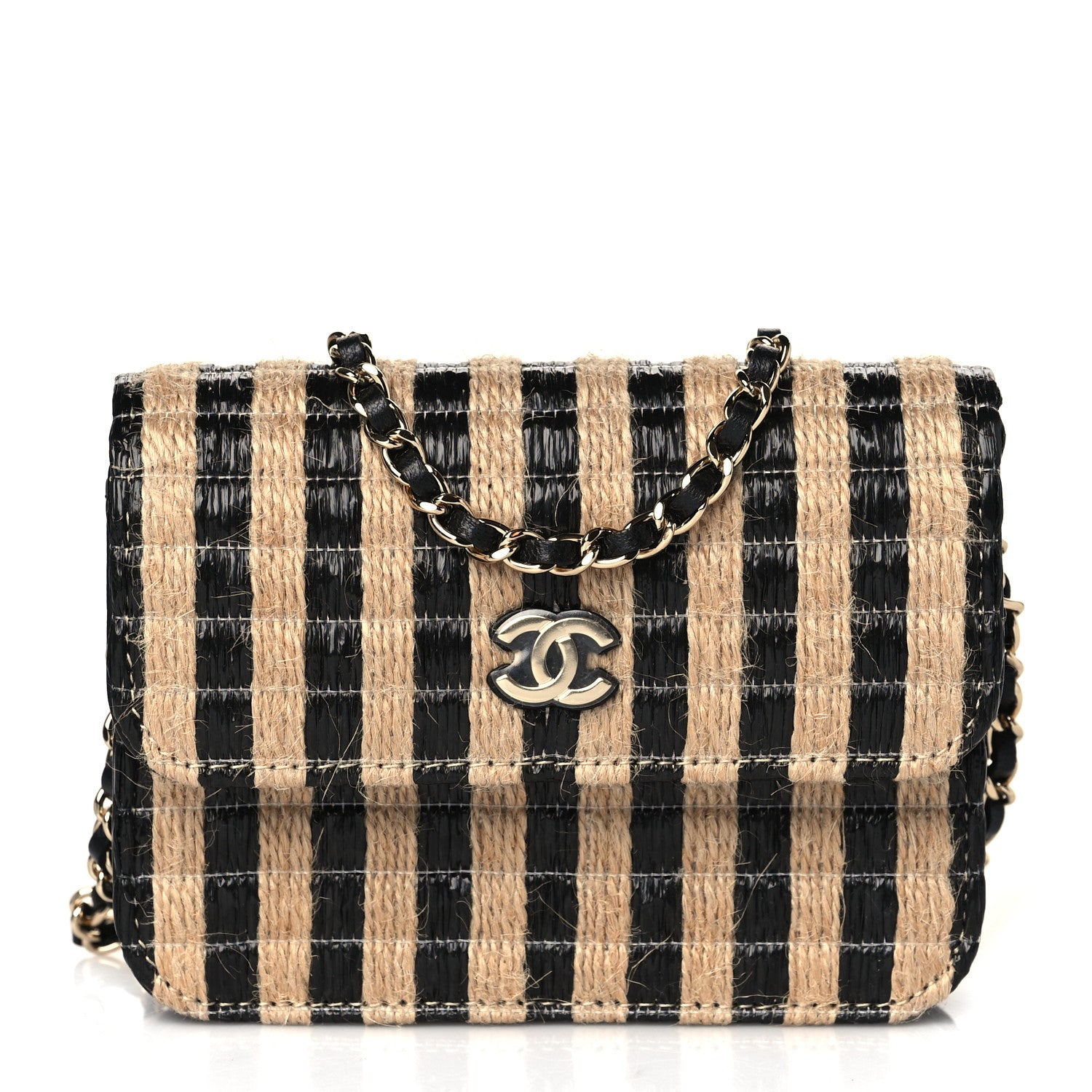Chanel Raffia Jute Striped Belt Bag Black Beige 1 of 11