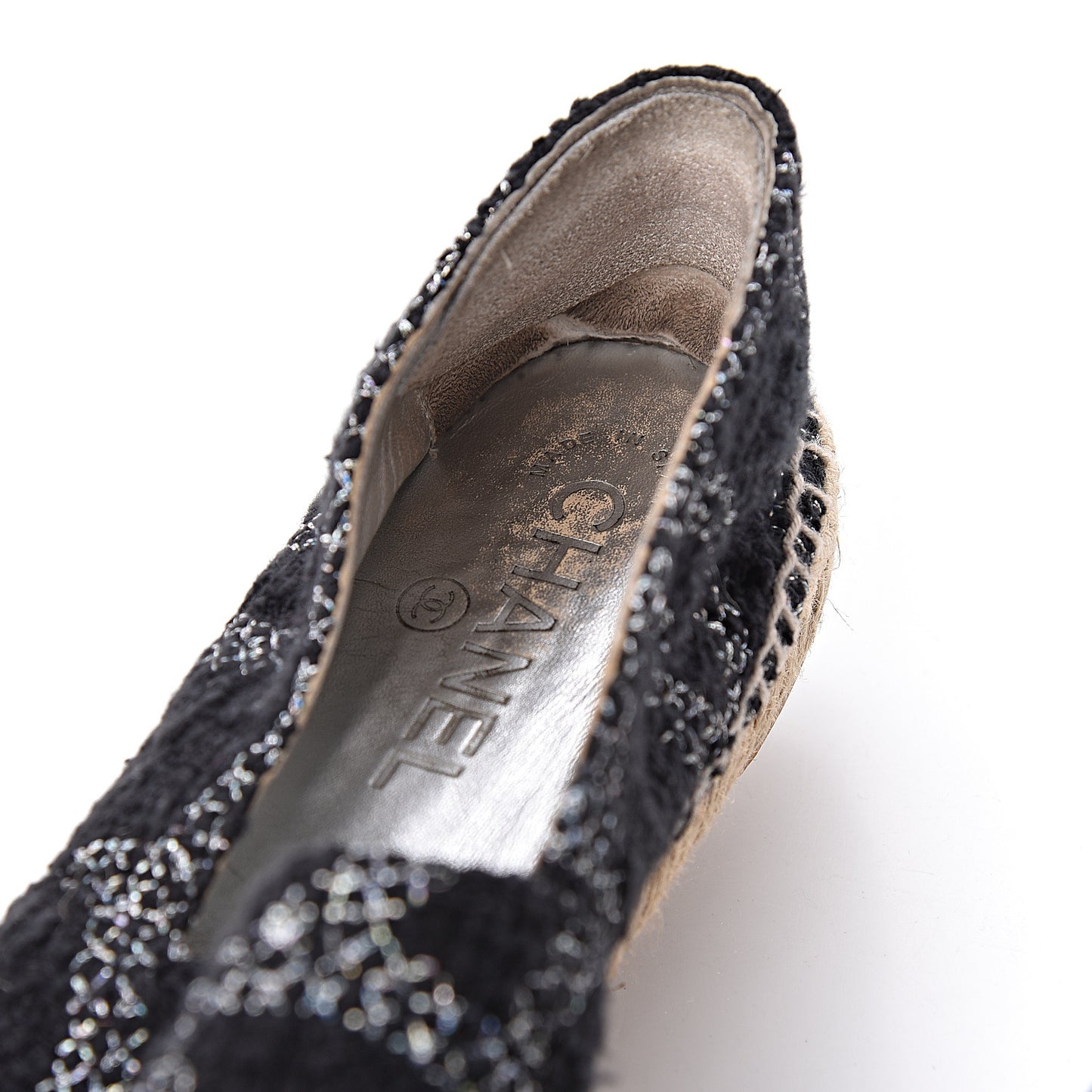 Metallic Tweed Lambskin CC Espadrilles 39 Black Silver