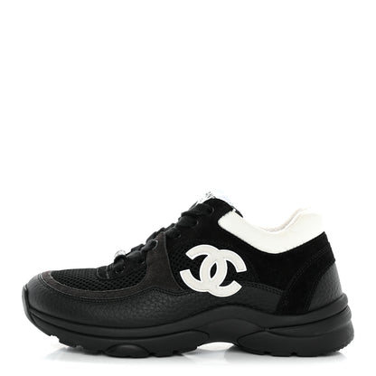 Chanel Mesh Suede Grained Calfskin Womens CC Sneakers 35 Black White 1 of 10