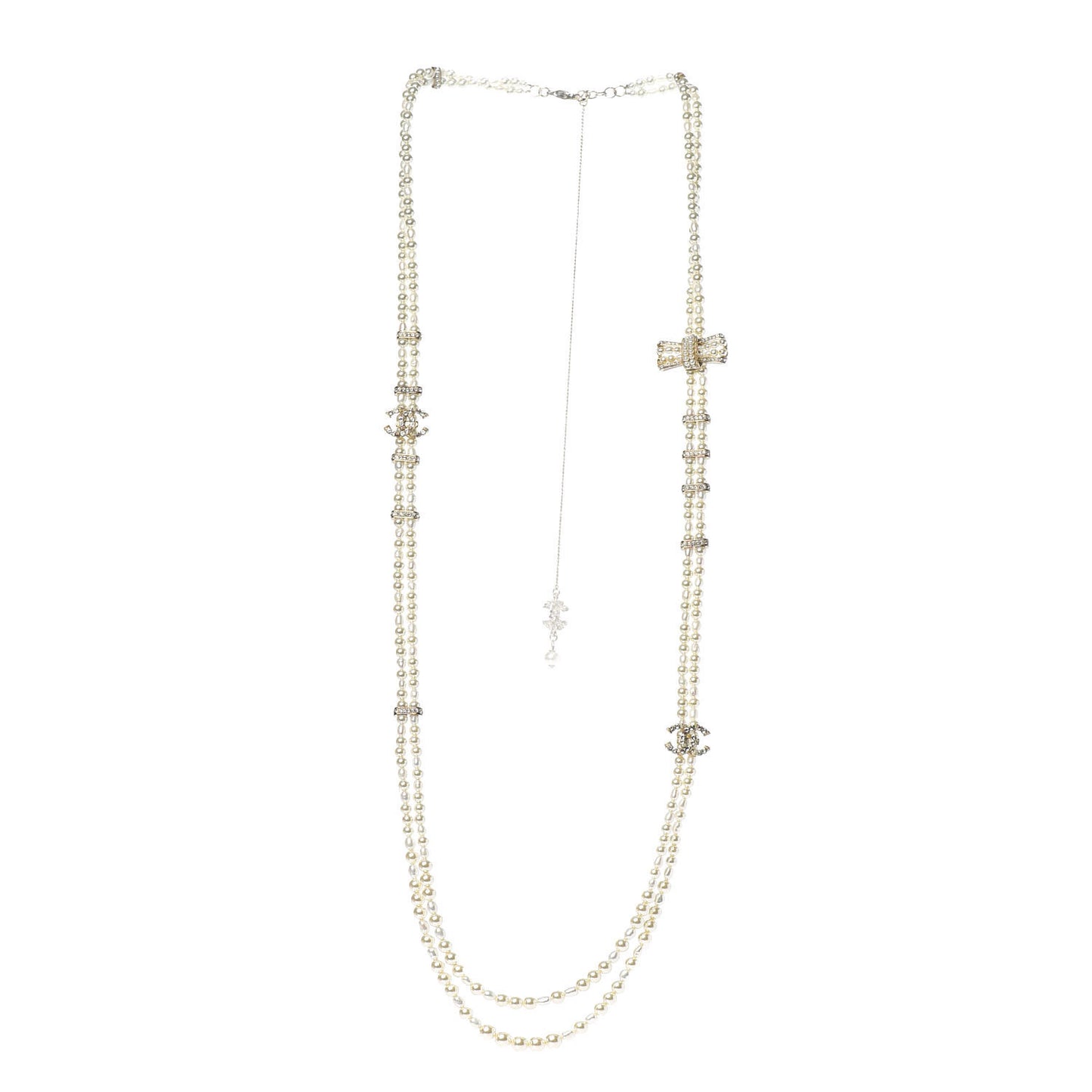 Crystal Pearl CC Bow Long Necklace Gold