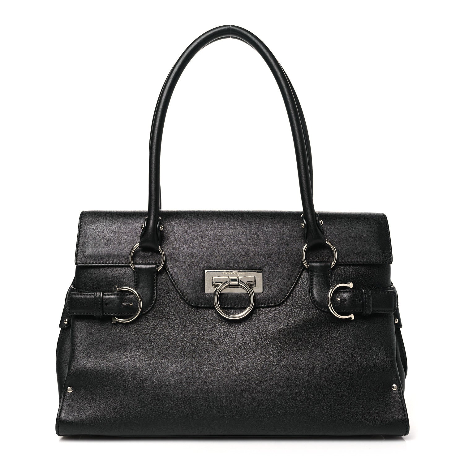Salvatore Ferragamo Calfskin Gancini Top Handle Satchel Black 1 of 11