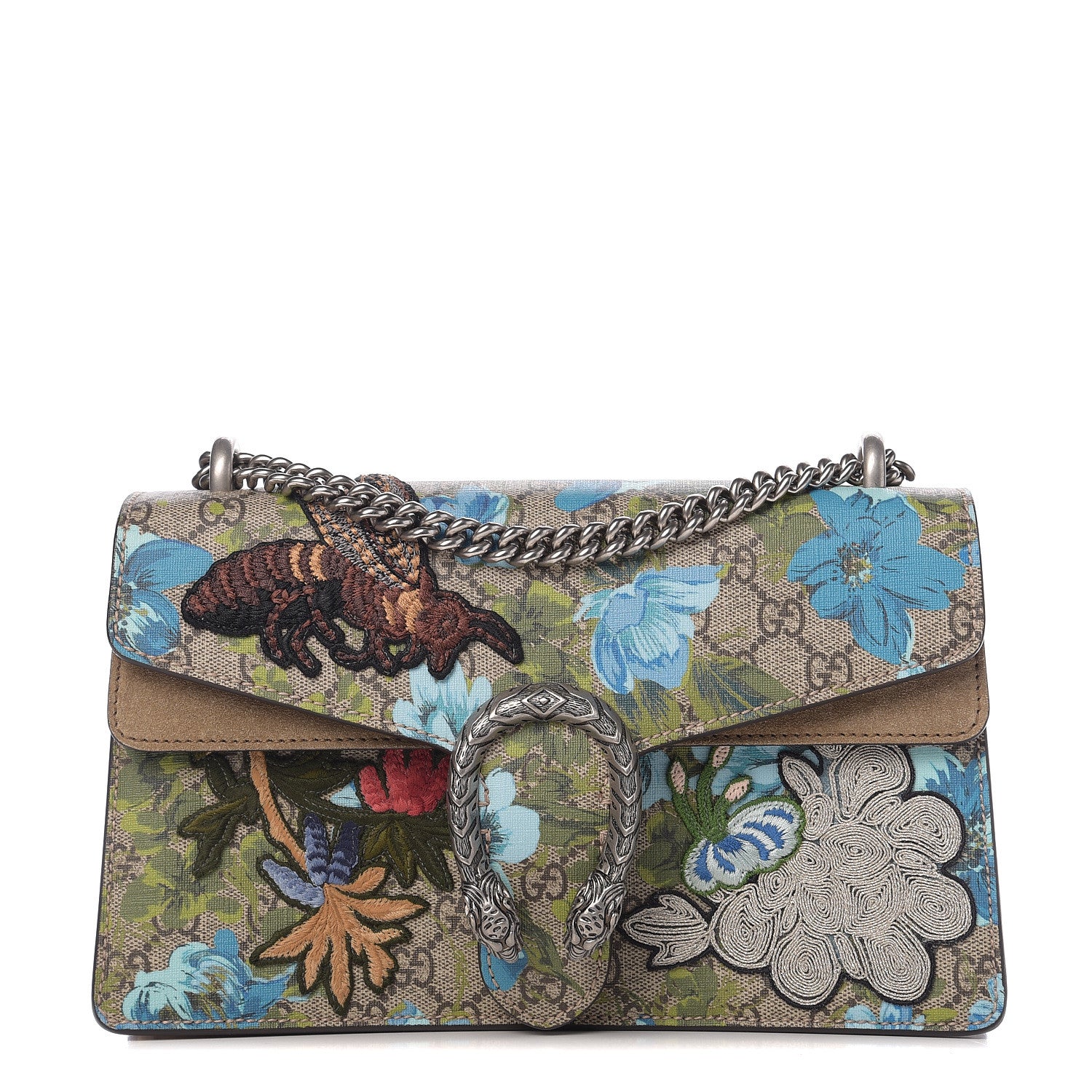 Gucci GG Supreme Monogram Blooms Print Embroidered Small Dionysus Shoulder Bag Blue Taupe 1 of 9