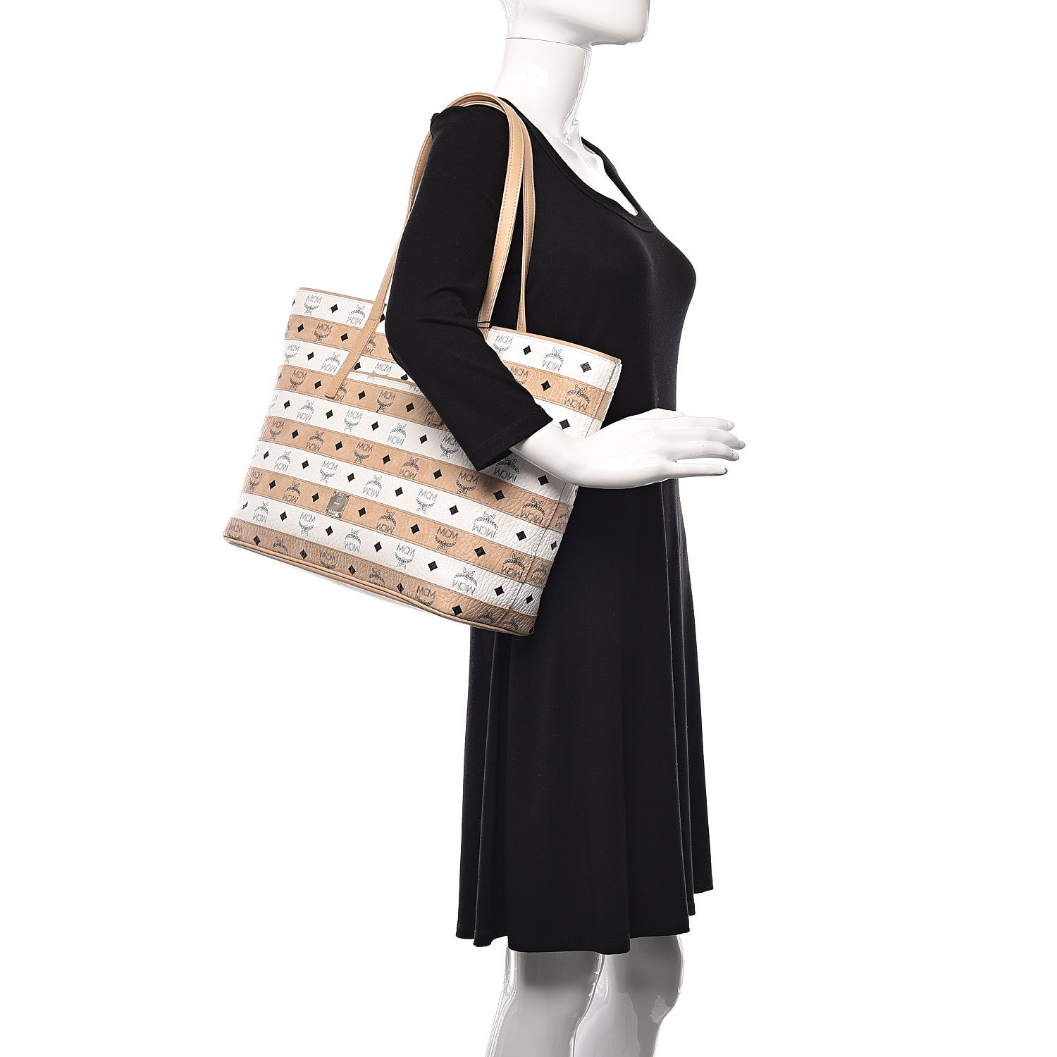 MCM Visetos Striped Medium Anya Shopper Tote White Beige 2 of 16