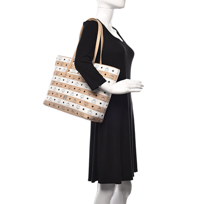 MCM Visetos Striped Medium Anya Shopper Tote White Beige 2 of 16