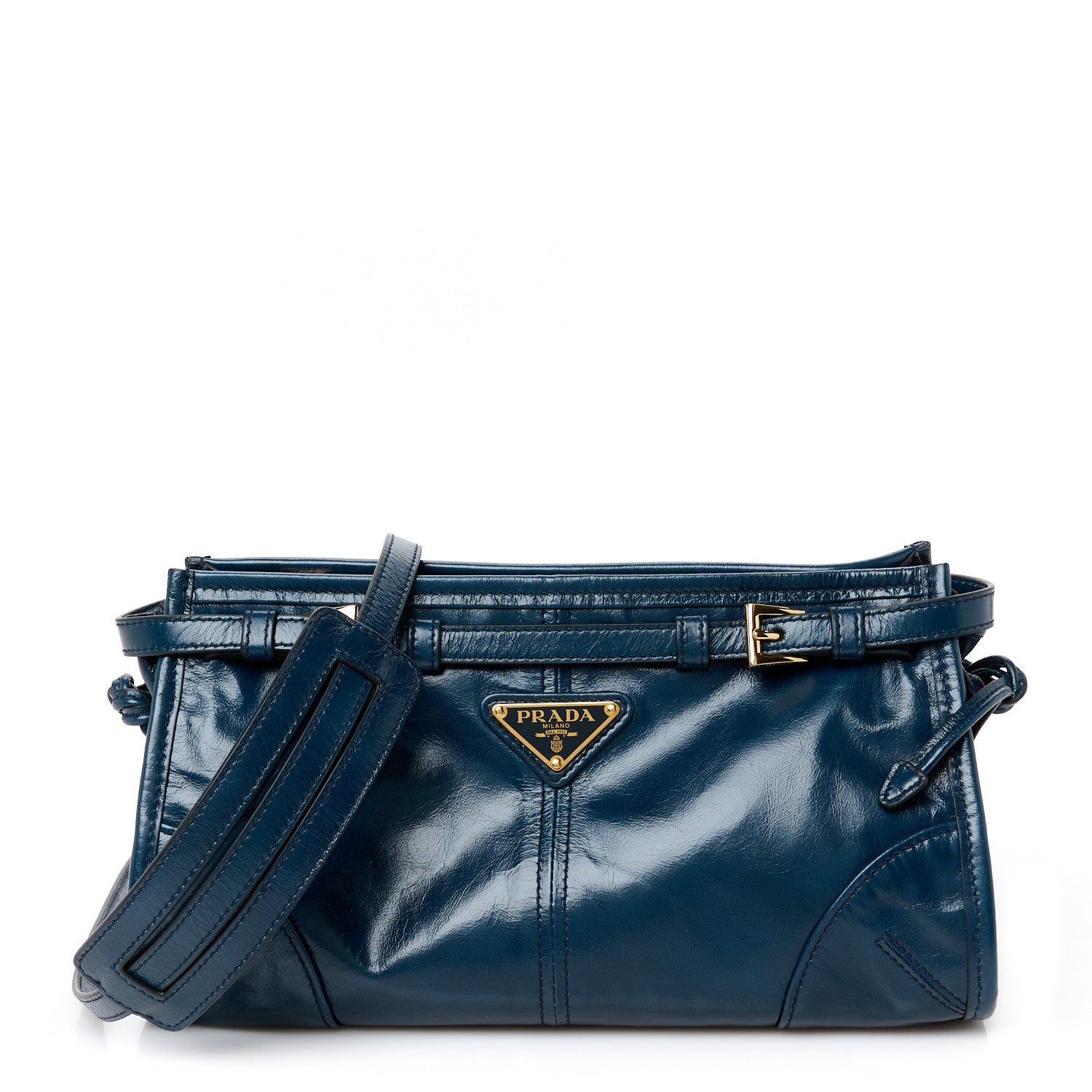 Prada Glossy Calfskin Triangle Small Bonnie Shoulder Bag Denim