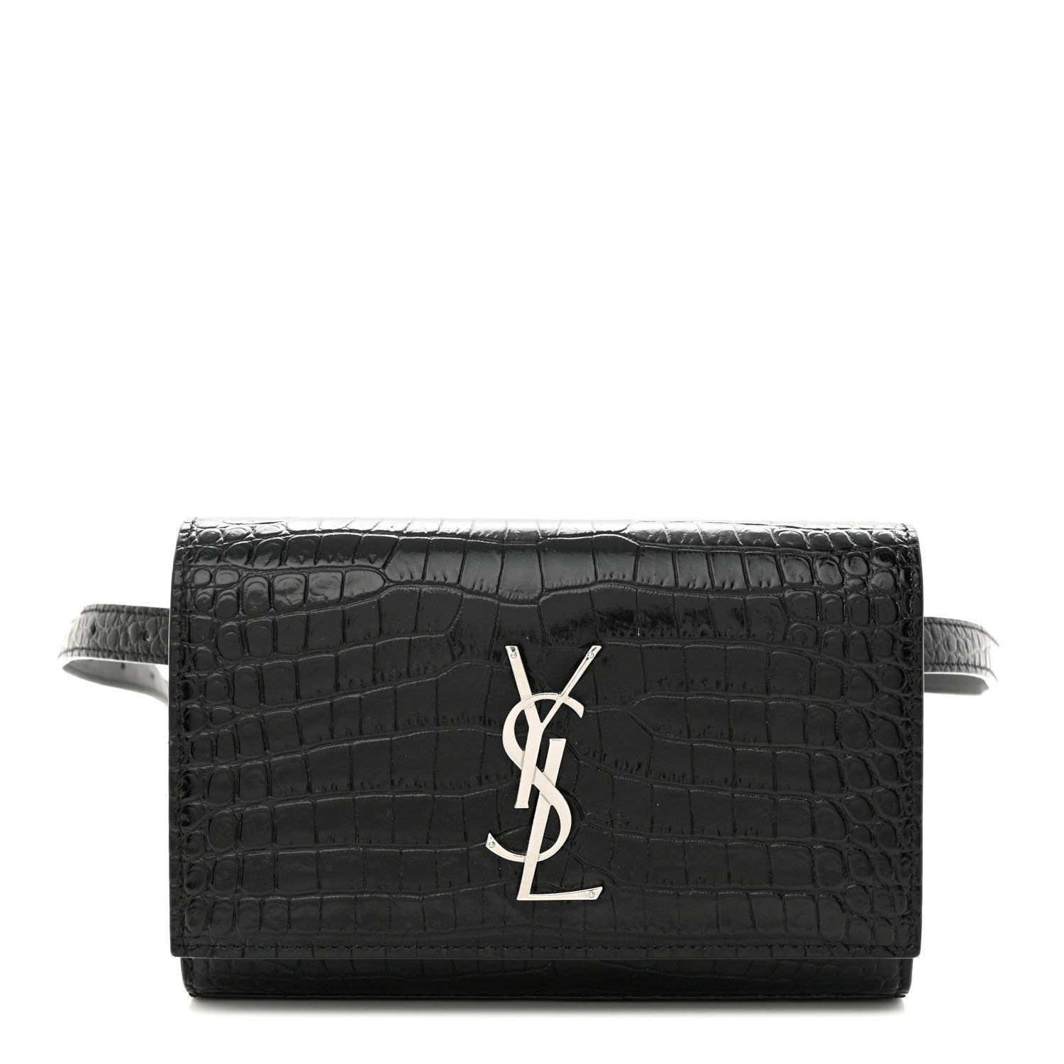 Saint Laurent Calfskin Crocodile Embossed Monogram Kate Belt Bag Black 1 of 9