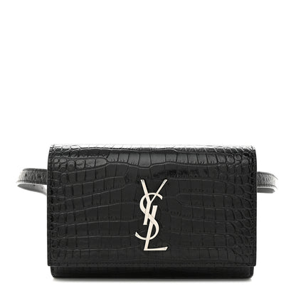 Saint Laurent Calfskin Crocodile Embossed Monogram Kate Belt Bag Black 1 of 9