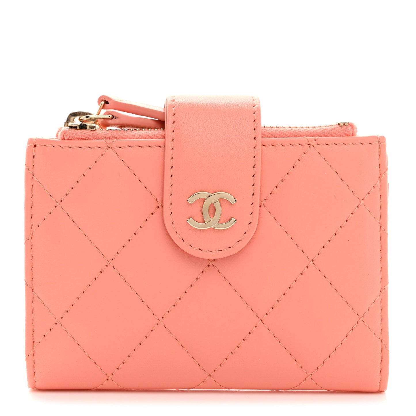 Lambskin Quilted Compact Zipped Pocket Wallet Light Orange