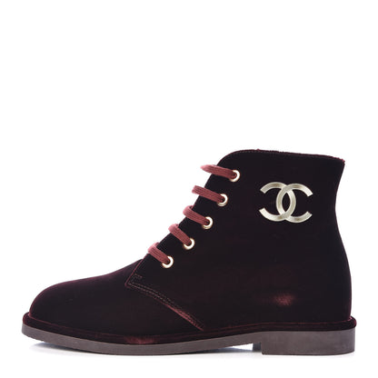 Chanel Velvet CC Lace Up Boots 36.5 Burgundy 1 of 9