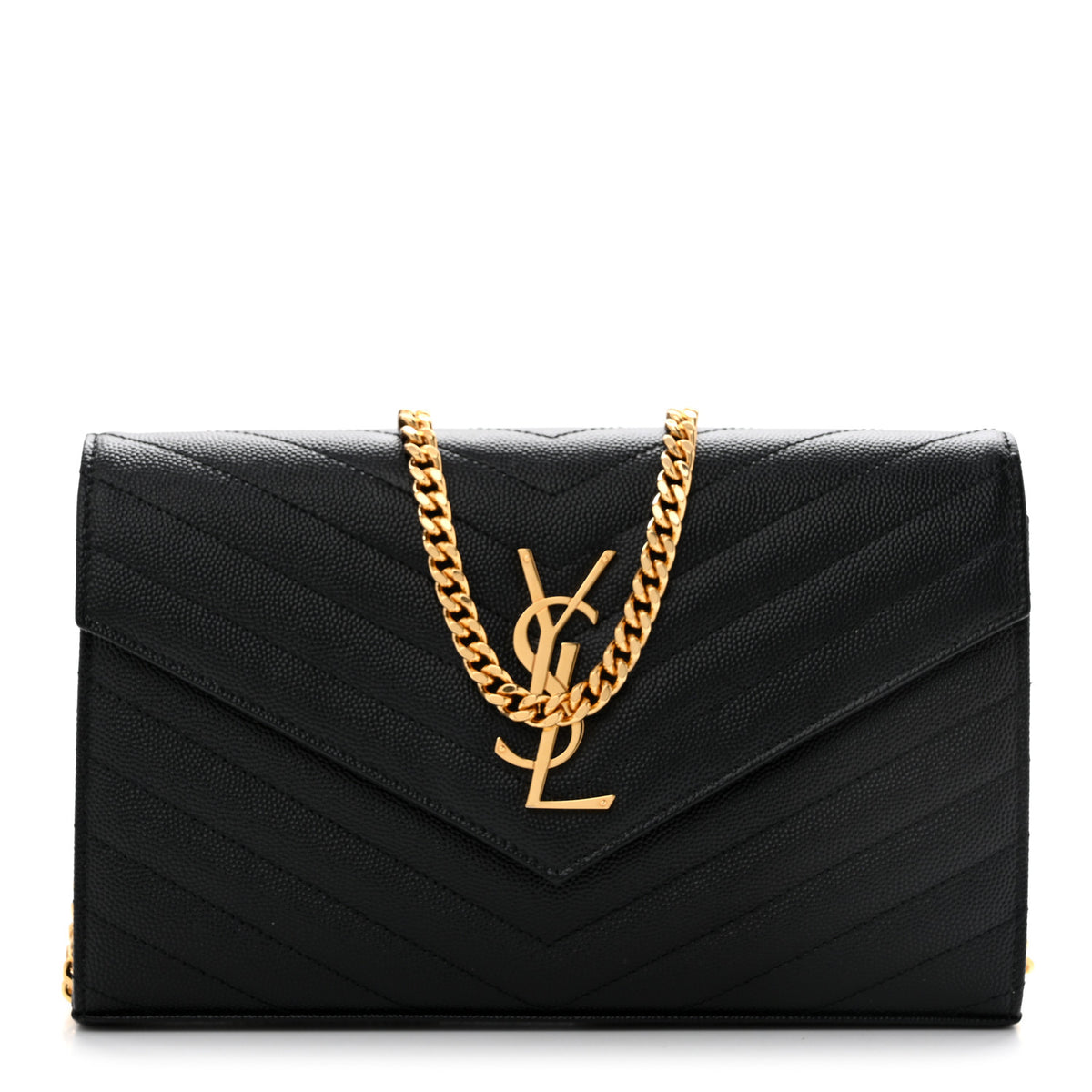 Saint Laurent Grain De Poudre Matelasse Chevron Monogram Chain Wallet Black 2 of 27