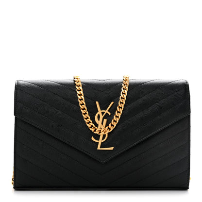Saint Laurent Grain De Poudre Matelasse Chevron Monogram Chain Wallet Black 2 of 27
