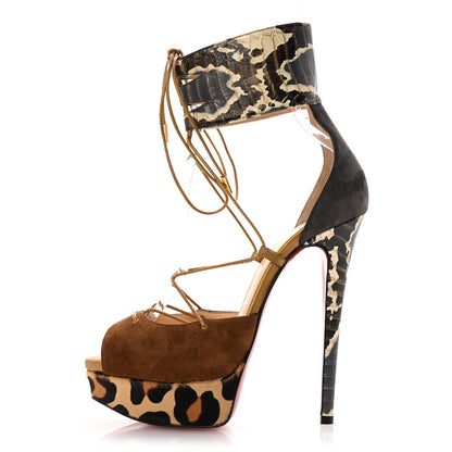Christian Louboutin Suede Snakeskin Embossed Pony Hair Corsankle 150 Sandals 36.5 Indiana 1 of 11