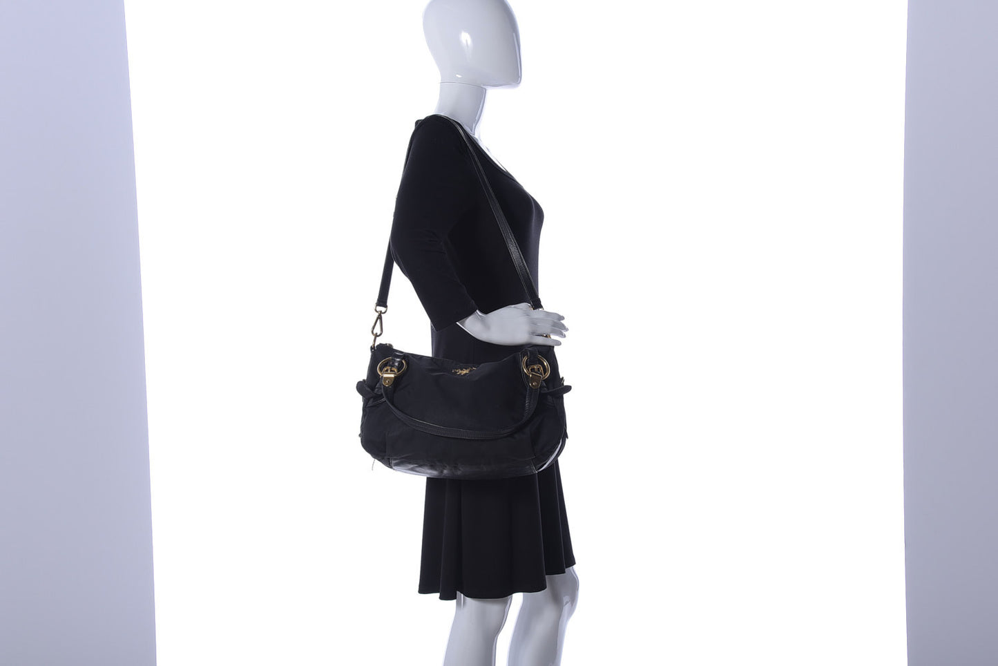 Nylon Tessuto Soft Calfskin Small Shopping Satchel Black