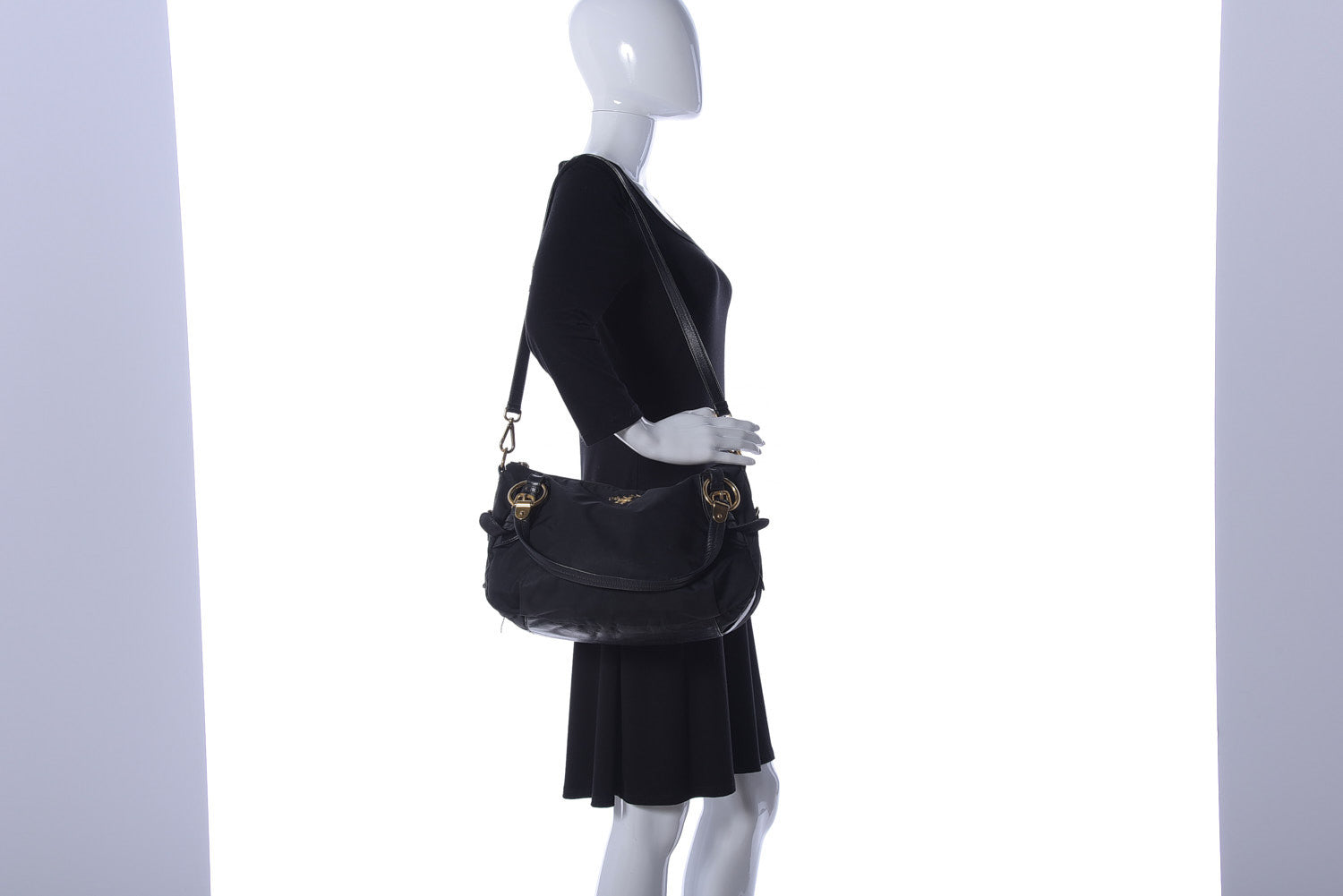 Prada Nylon Tessuto Soft Calfskin Small Shopping Satchel Black 3 of 34