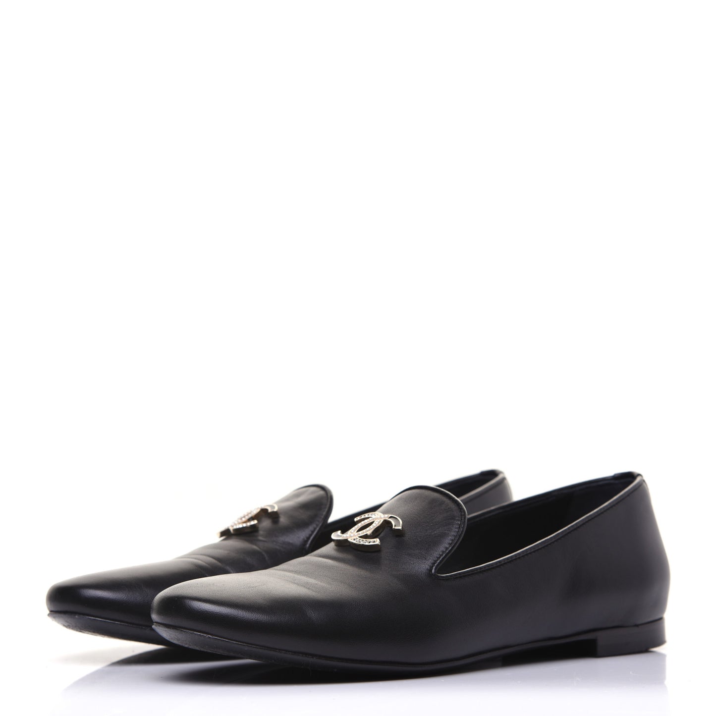 Enamel Pearl Crystal Lambskin Womens CC Mocassin Loafers 37 Black