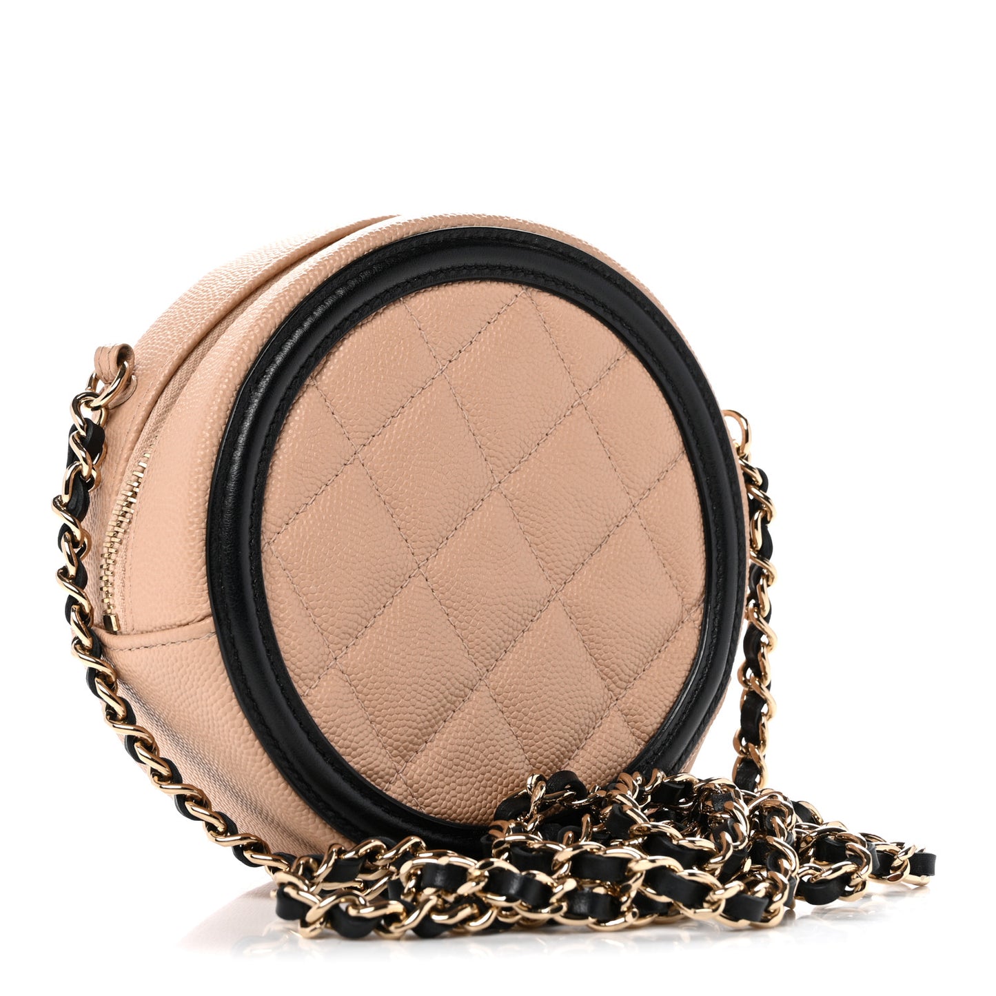 Caviar Quilted Round Filigree Crossbody Beige Black