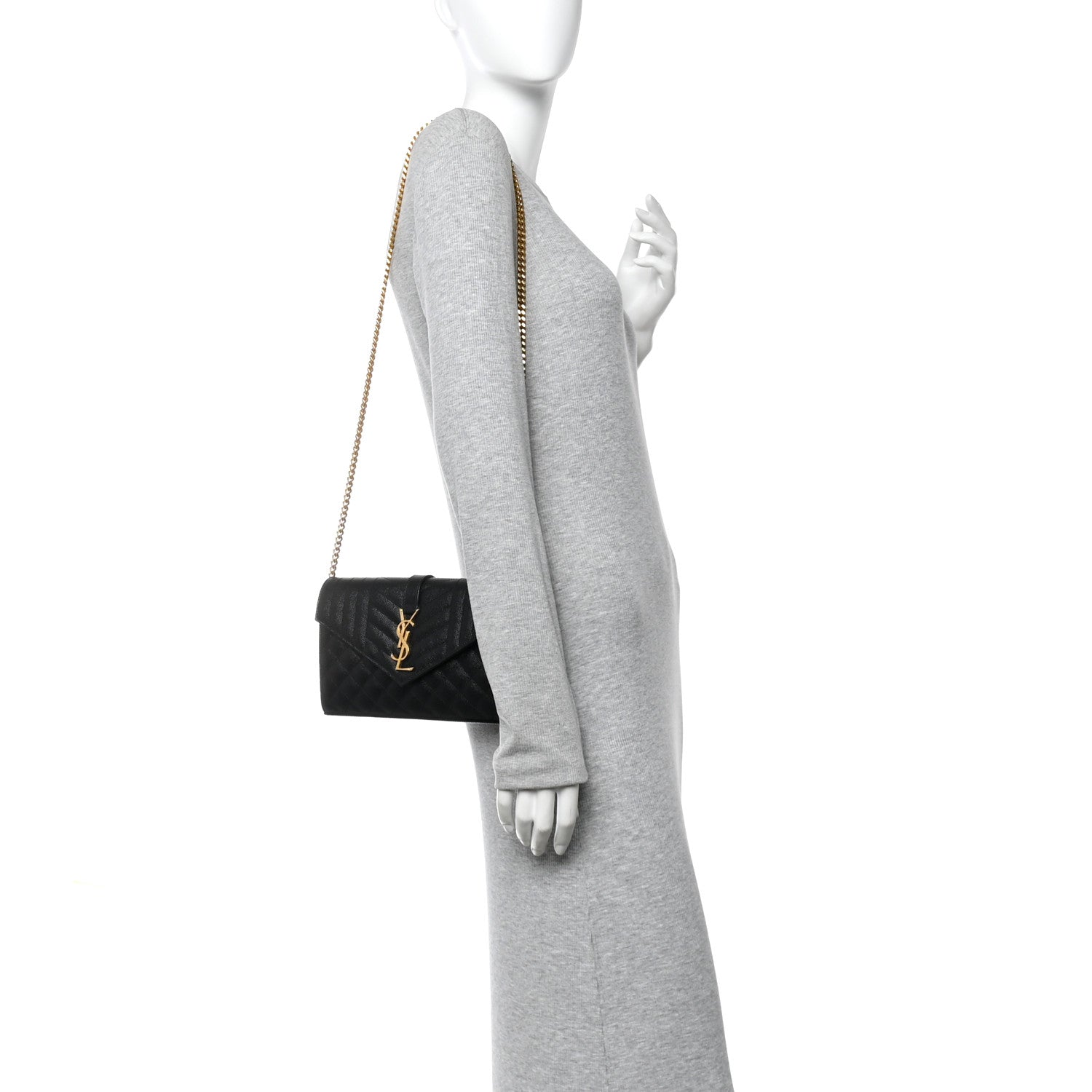 Saint Laurent Grain De Poudre Mixed Matelasse Triquilt Monogram Chain Wallet Black 2 of 13