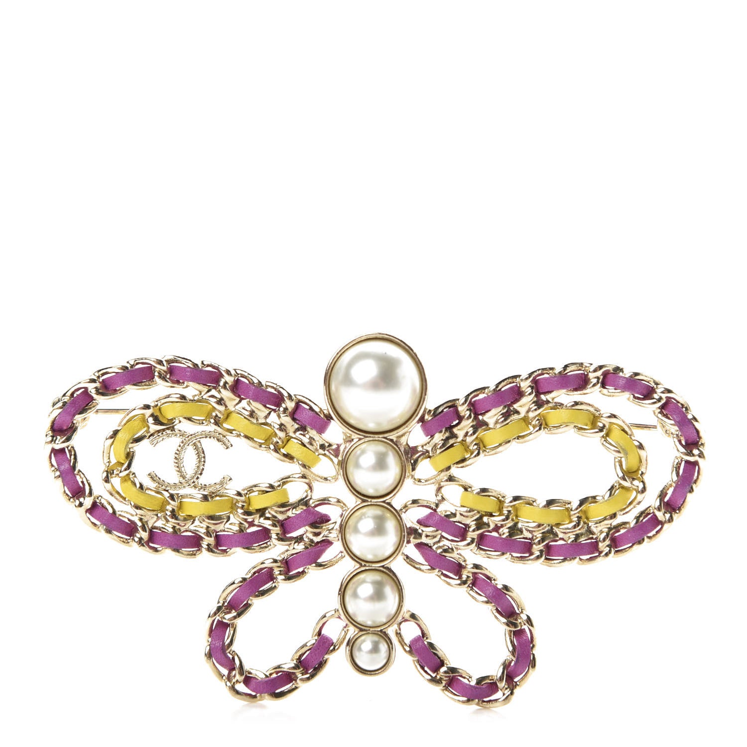 Chanel Lambskin Chain Pearl CC Butterfly Brooch Pink Yellow Gold 1 of 5
