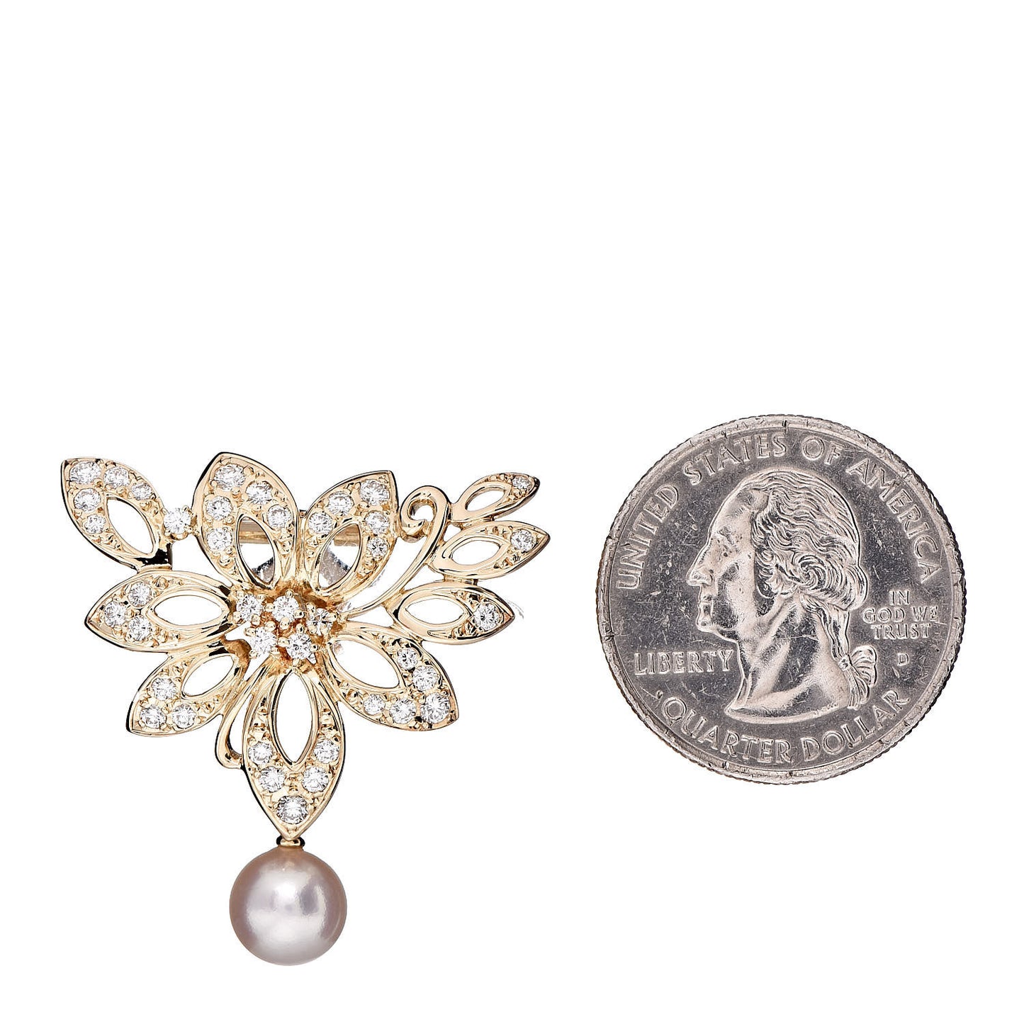18K Yellow Gold Diamond Akoya Pearl Flower Brooch Clip