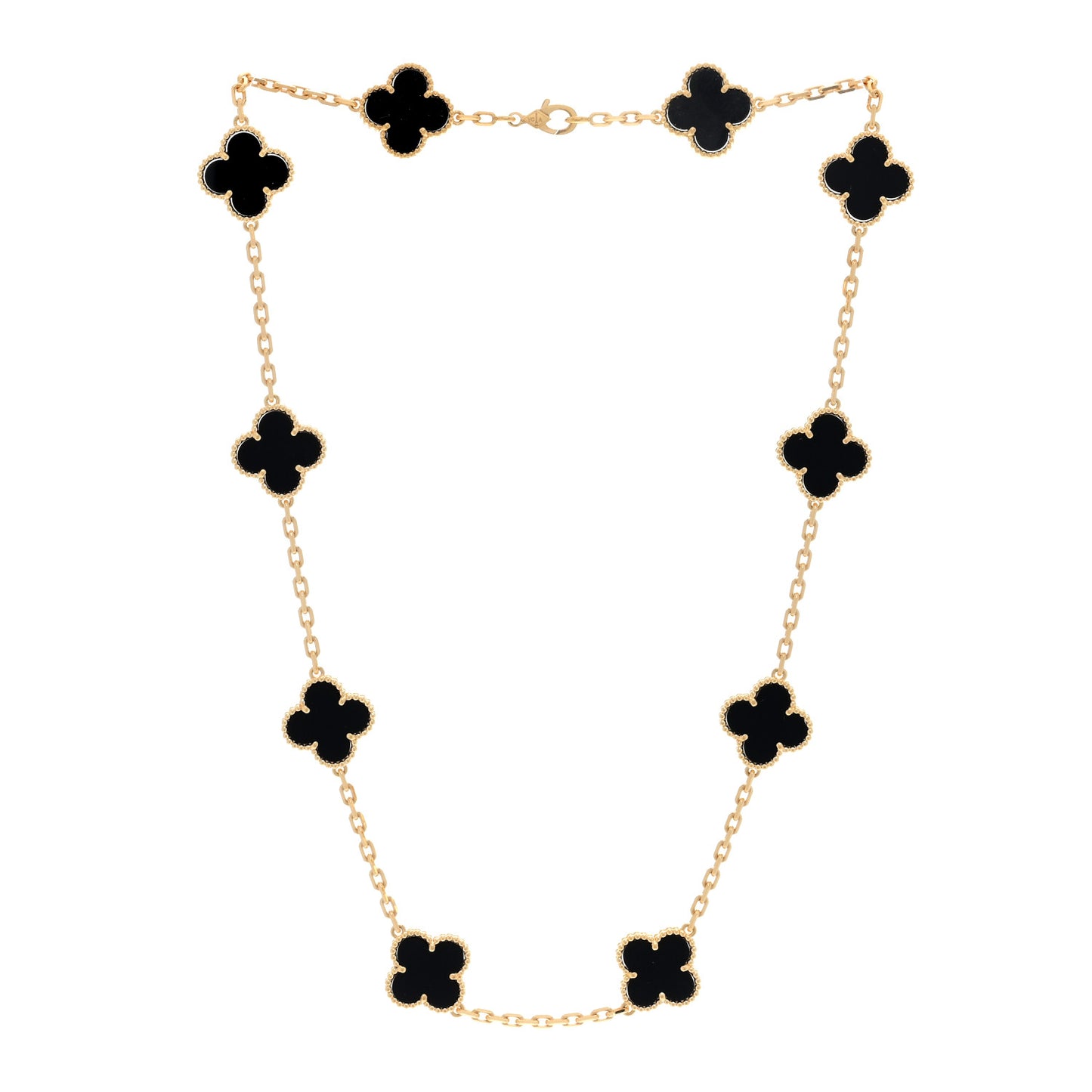 18K Yellow Gold Black Onyx 10 Motifs Vintage Alhambra Necklace