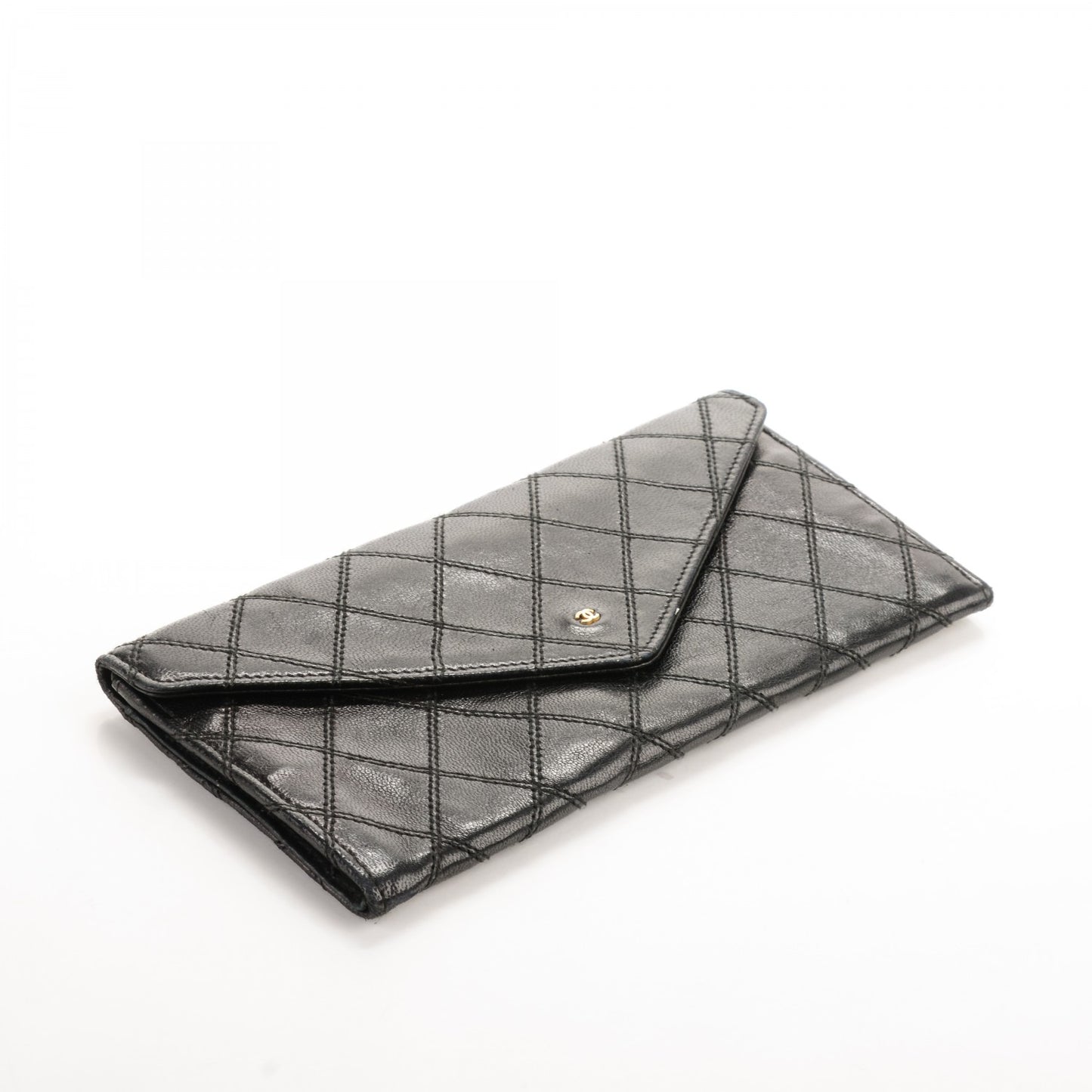 Lambskin Diamond Stitched Long Flap Wallet Black