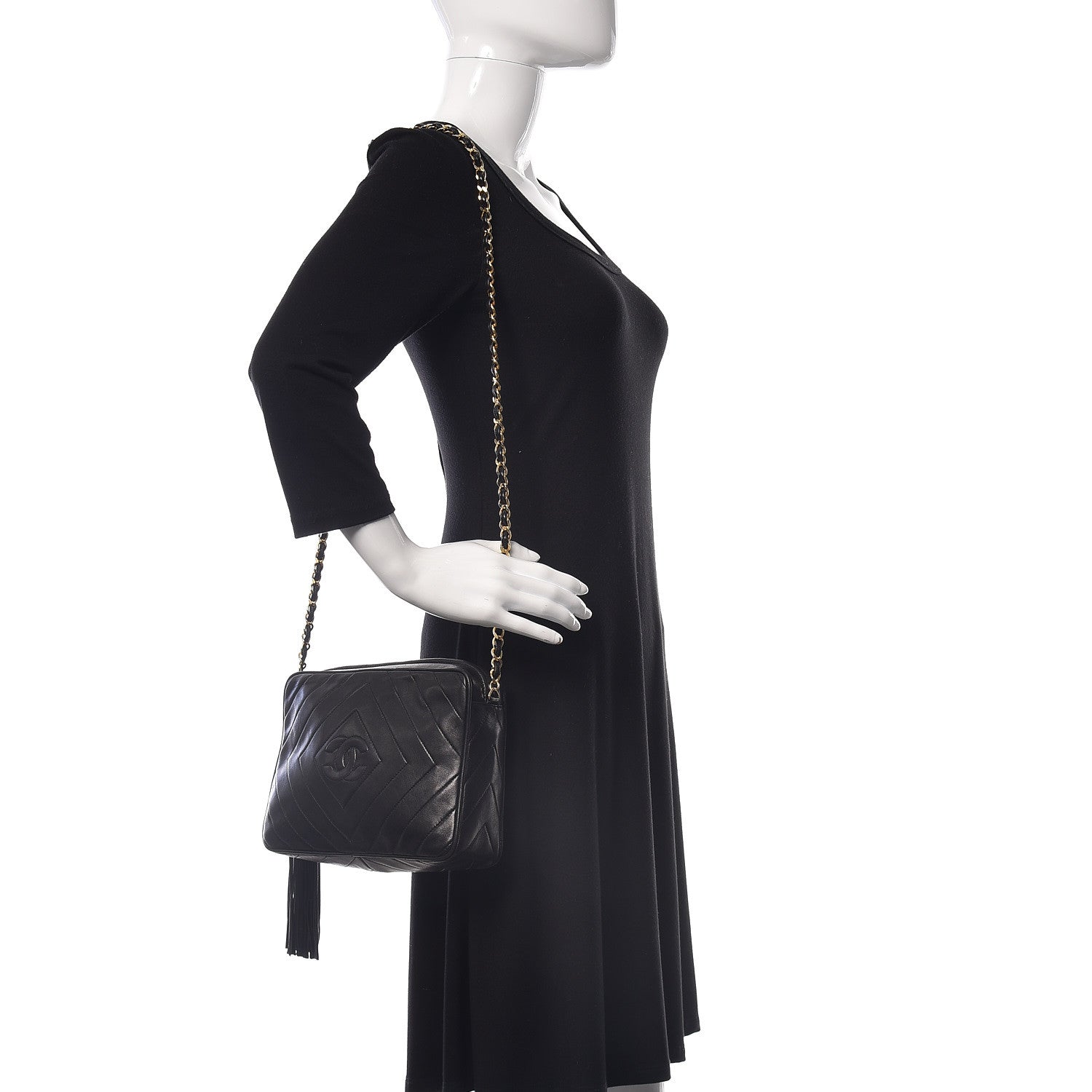 Chanel Lambskin Chevron Quilted Tassel Camera Case Black 2 of 10