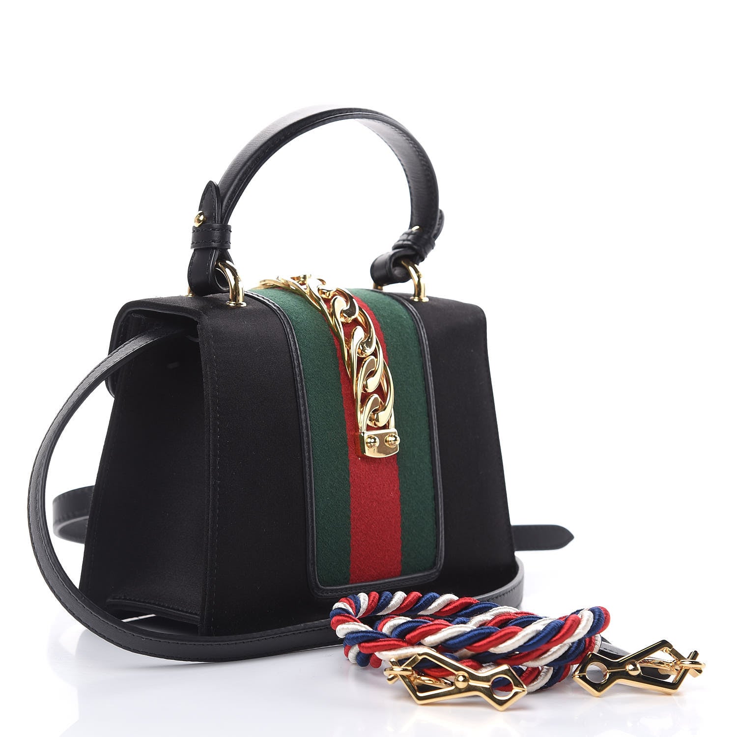 Gucci Satin Crystal Mini Sylvie Top Handle Bag Black 3 of 9
