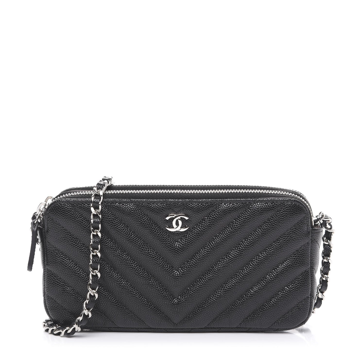 Caviar Chevron Quilted Small Clutch With Chain Black