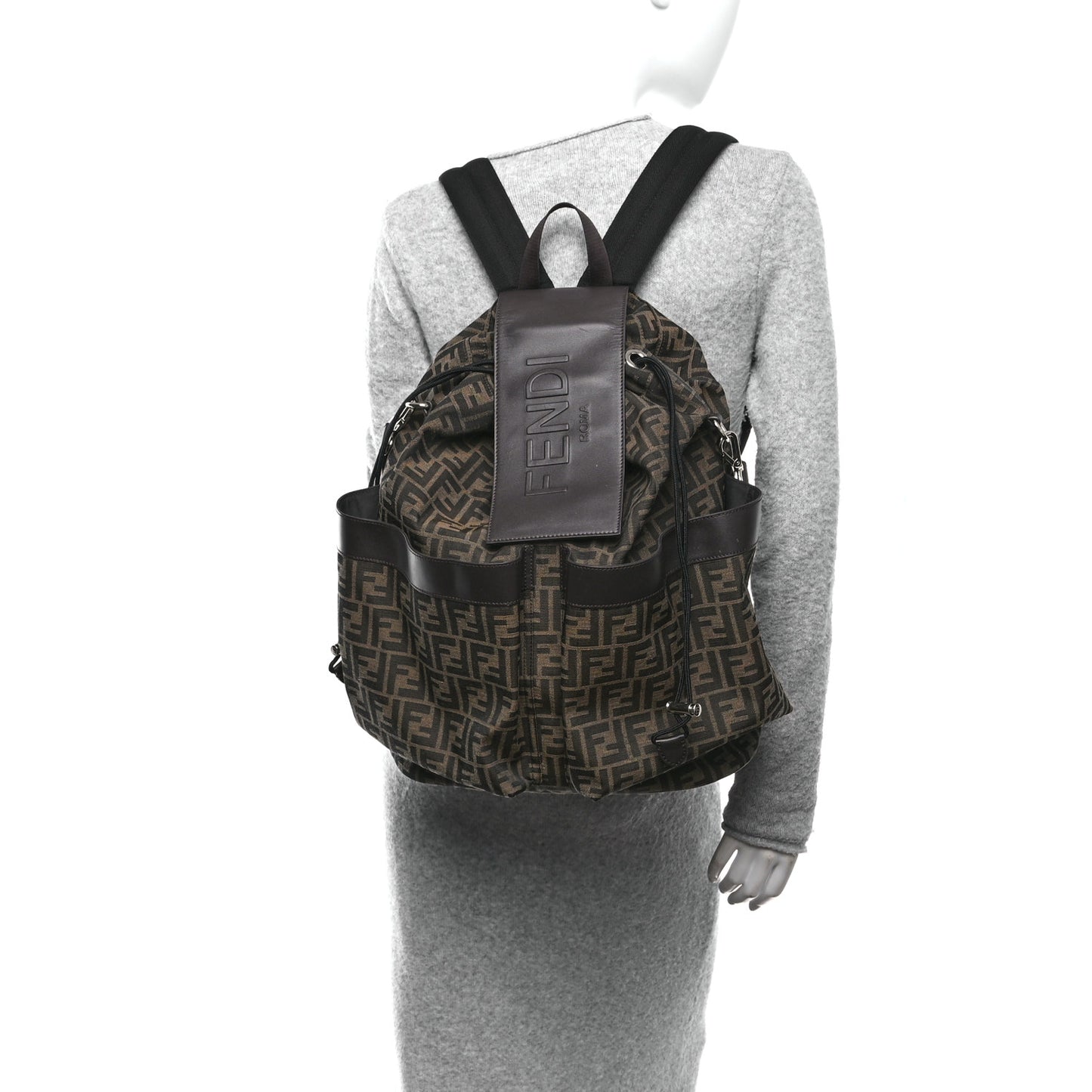 Recycled Fabric Jacquard Vitello Astro FF 1974 Large Fendi Strike Backpack Tobacco Moro Ebano
