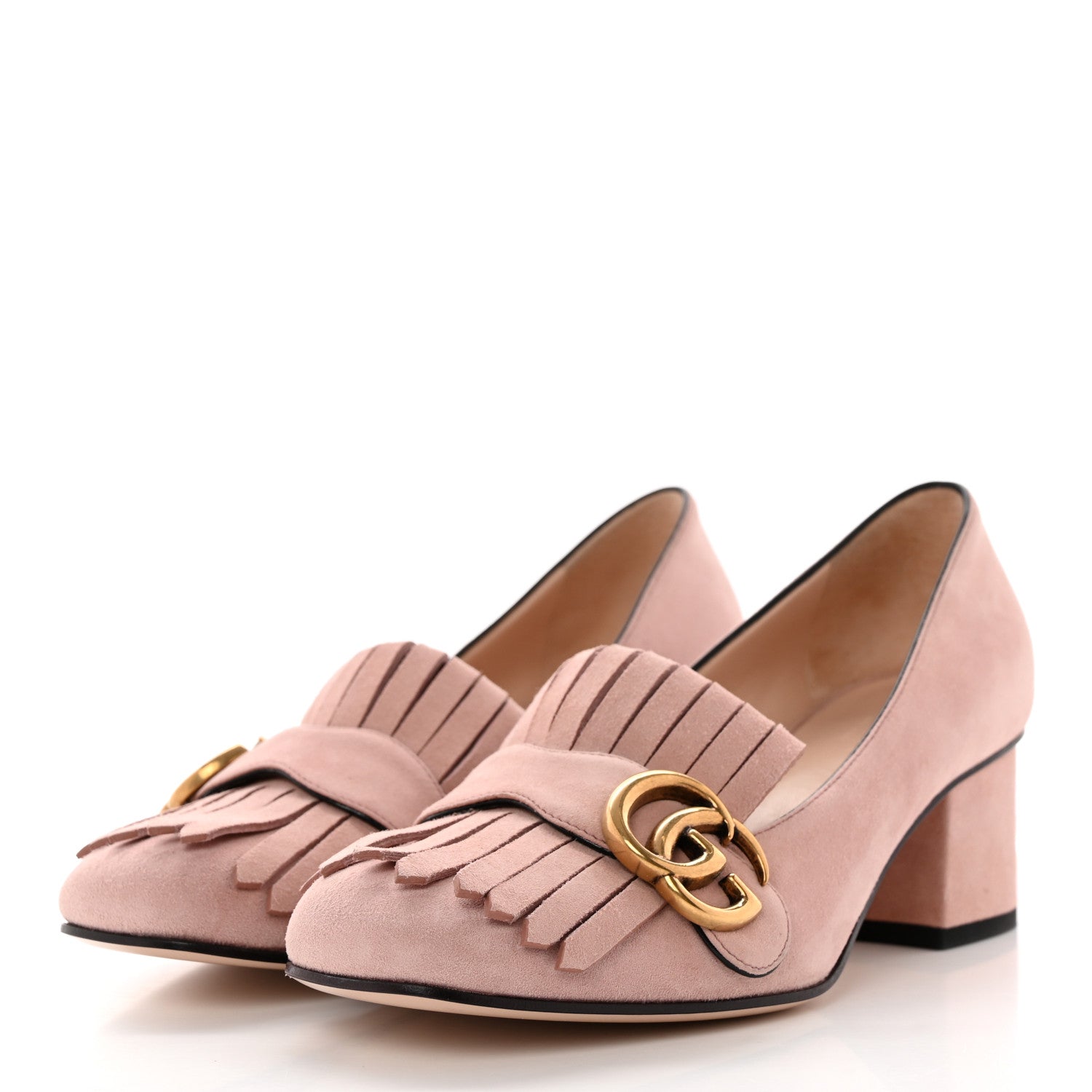 Gucci Kid Scamosciato GG Marmont Fringe 50mm Loafer Pumps 37 Crystal Pink 3 of 10