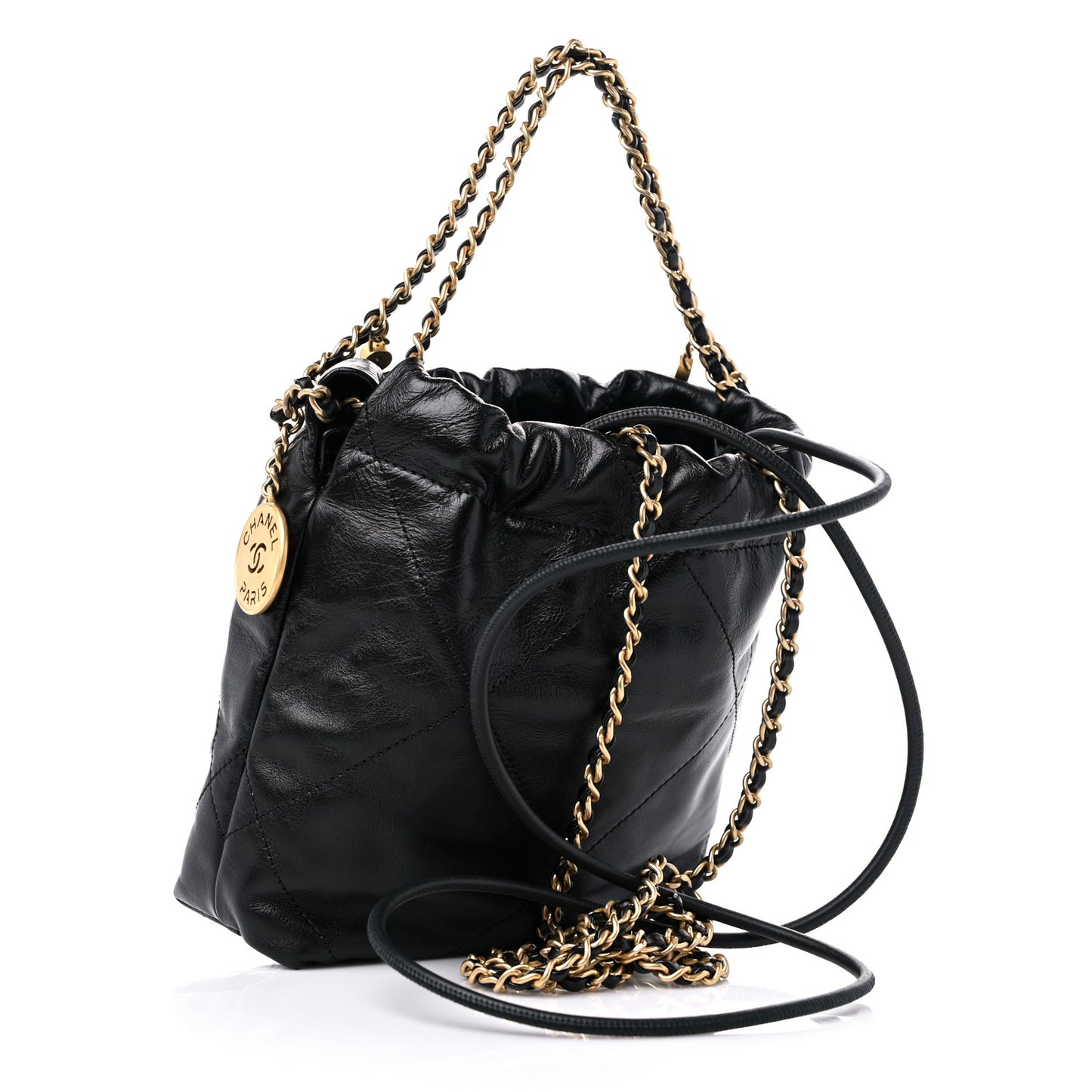 Shiny Crumpled Calfskin Quilted Pearl Mini Chanel 22 Black