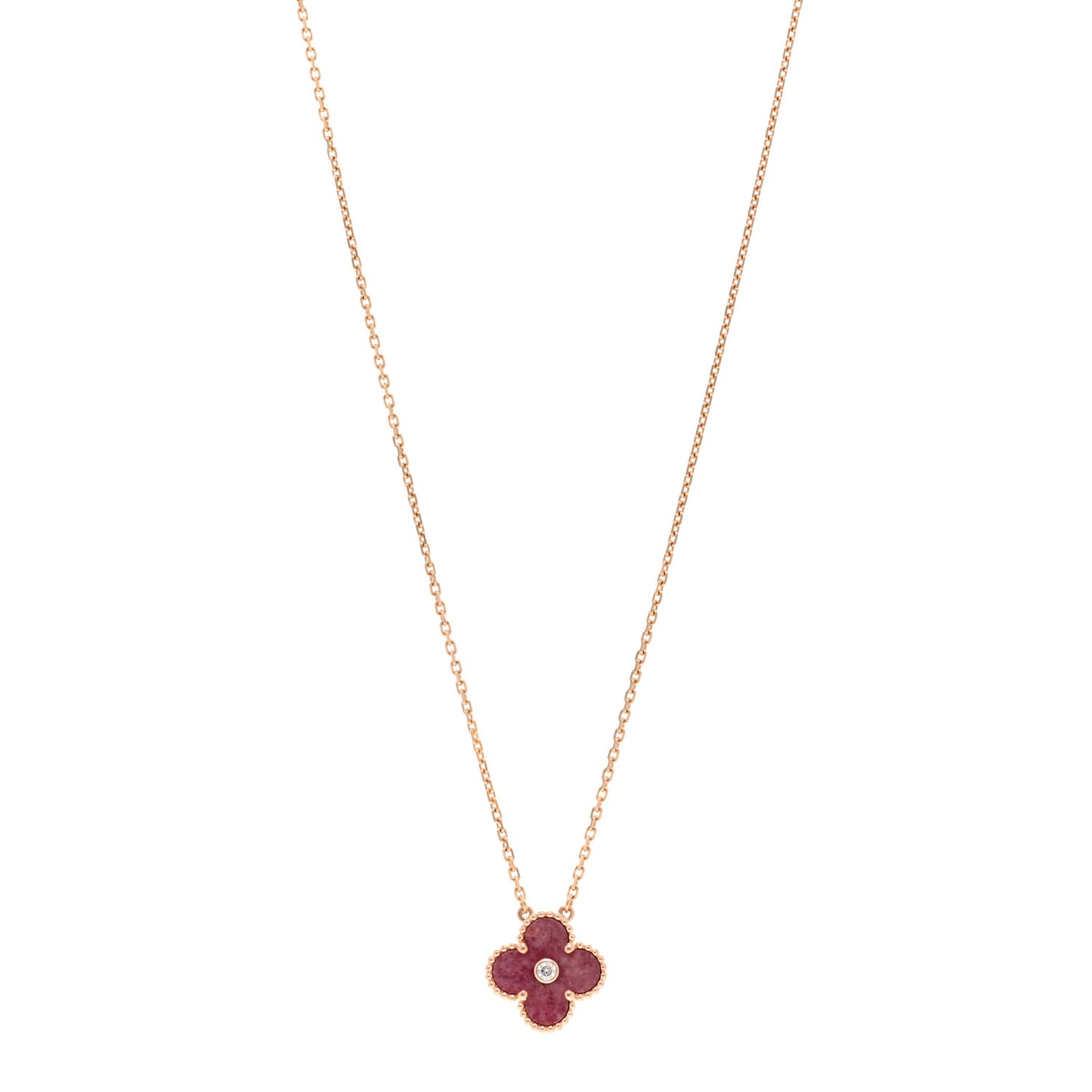 18K Rose Gold Diamond Rhodonite Vintage Alhambra Pendant Necklace