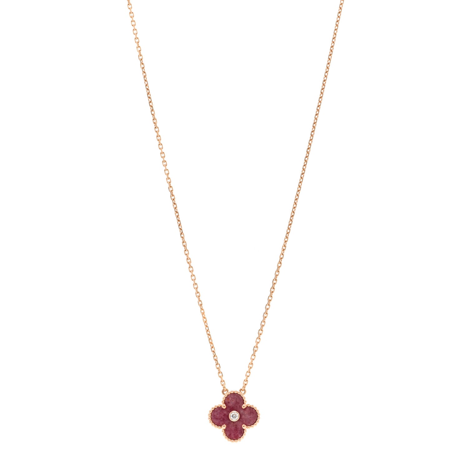 Van Cleef & Arpels 18K Rose Gold Diamond Rhodonite Vintage Alhambra Pendant Necklace 1 of 6