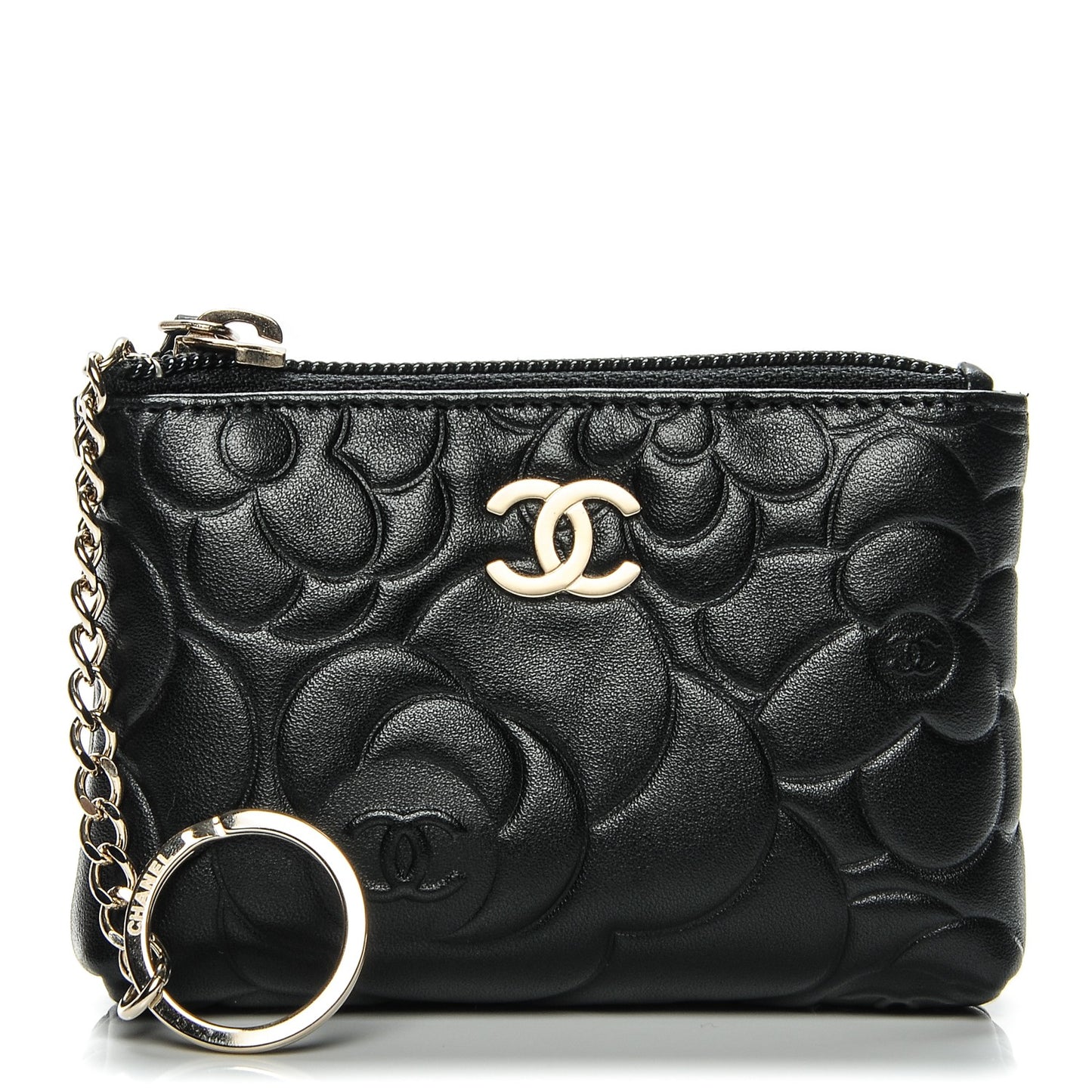 Lambskin Camellia Embossed Key Holder Case Black
