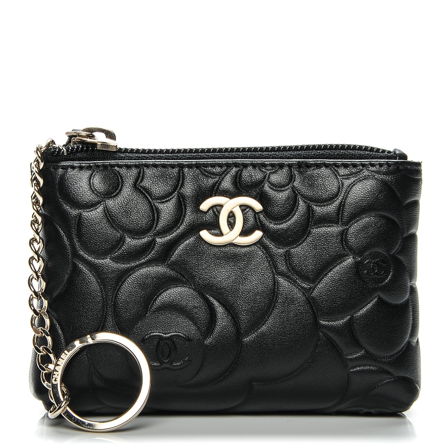 Chanel Lambskin Camellia Embossed Key Holder Case Black 1 of 7