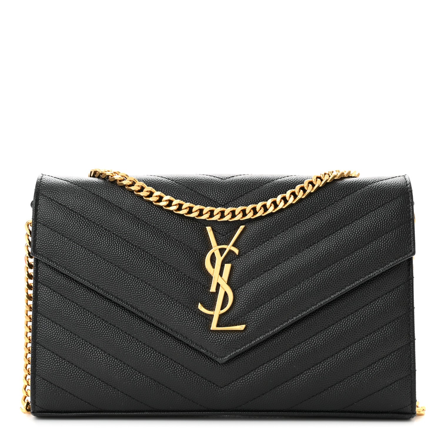 Saint Laurent Grain De Poudre Matelasse Chevron Monogram Chain Wallet Black 1 of 11