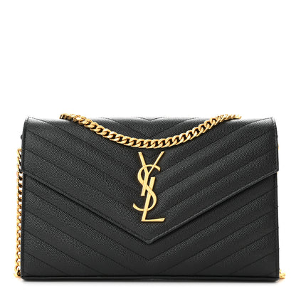Saint Laurent Grain De Poudre Matelasse Chevron Monogram Chain Wallet Black 1 of 11