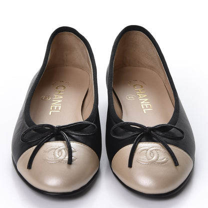 Chanel Lambskin Cap Toe CC Ballerina Flats 35 Black Beige 2 of 11