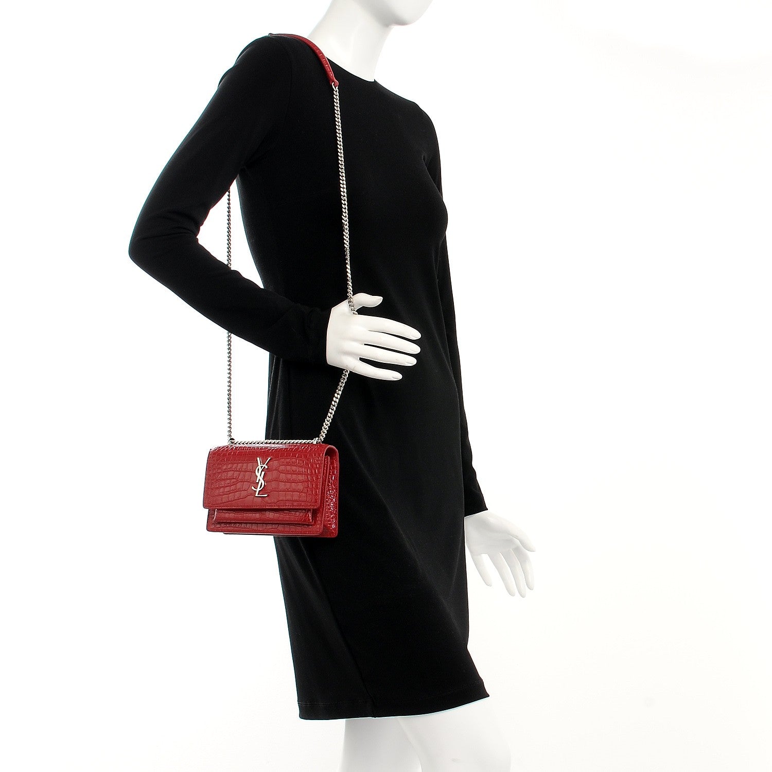 Saint Laurent Calfskin Crocodile Embossed Monogram Sunset Chain Wallet New Lipstick Red 2 of 6