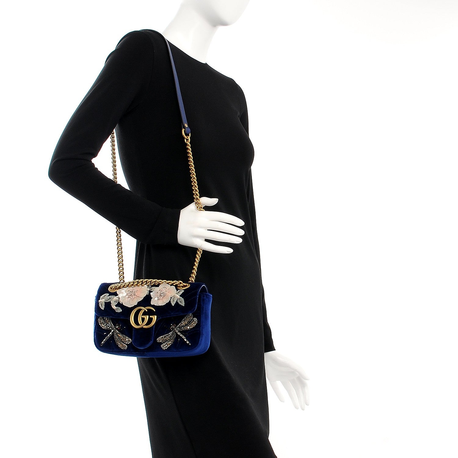 Gucci Velvet Matelasse Embroidered Mini GG Marmont Shoulder Bag Cobalt Blue 2 of 7
