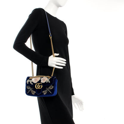 Gucci Velvet Matelasse Embroidered Mini GG Marmont Shoulder Bag Cobalt Blue 2 of 7
