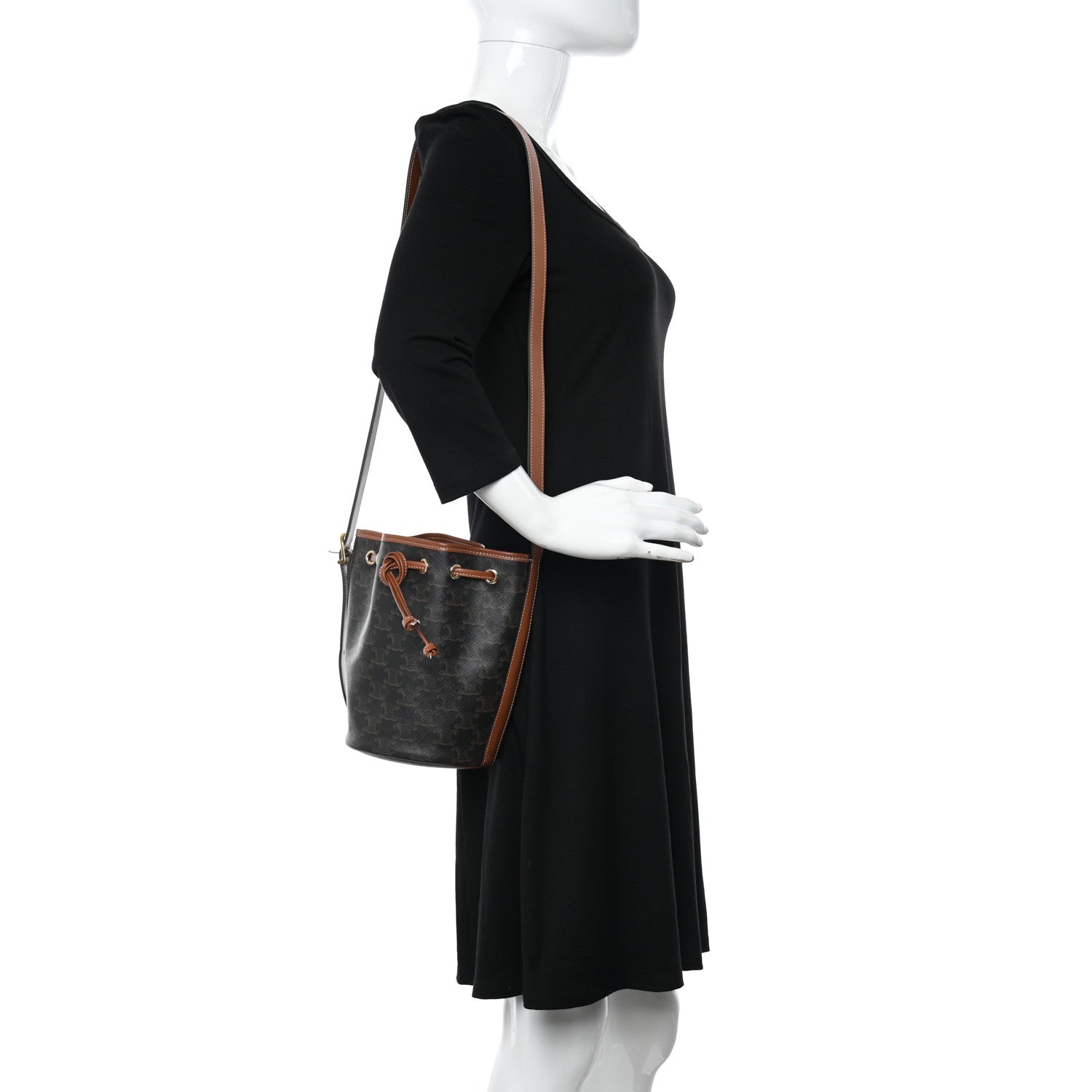 Celine Triomphe Canvas Calfskin Small Drawstring Bucket Bag Tan 2 of 10