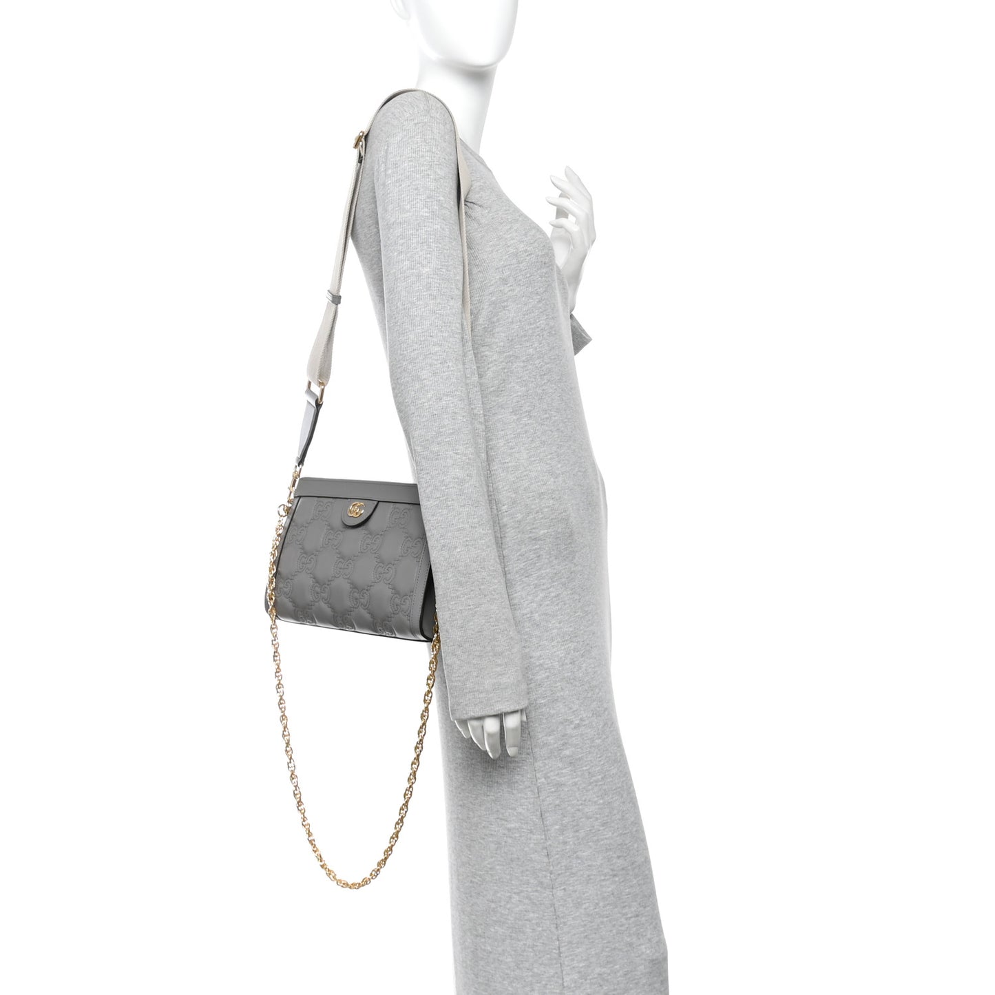 Calfskin GG Matelasse Small Slim Chain Shoulder Bag Dusty Grey Natural