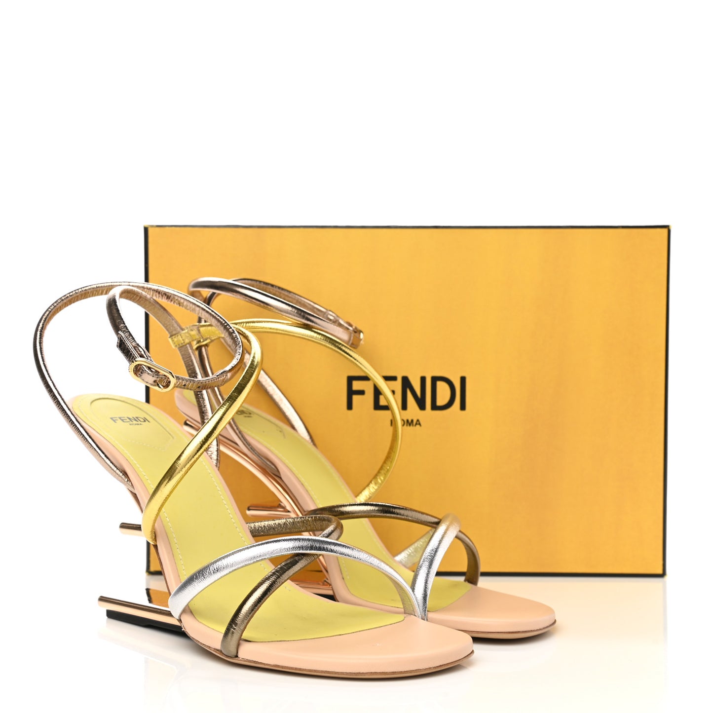 Metallic Nappa Fendi First 95mm Strappy Sandals 41 Argento Stagno Oro Champagne