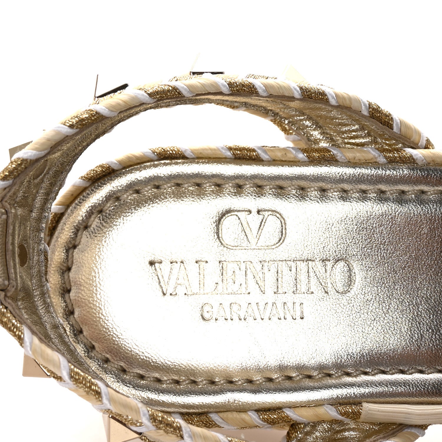 Valentino Garavani Laminated Nappa Rockstud Flatform Espadrille 45MM Sandals 36 Natural Ivory Gold Platinum 8 of 8